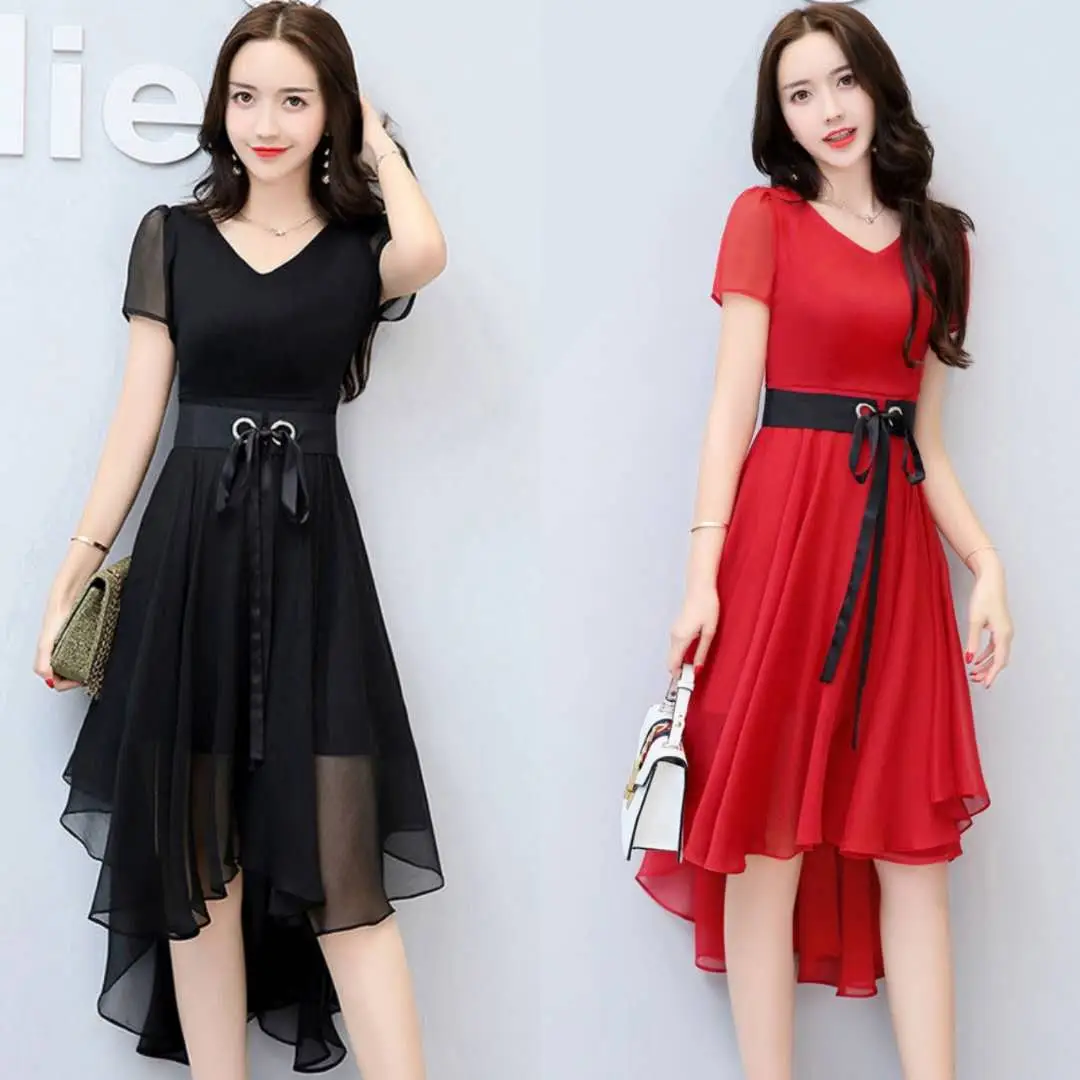 Women Chiffon Slim Fit Dress White Black Belt Mid Length - Image 5