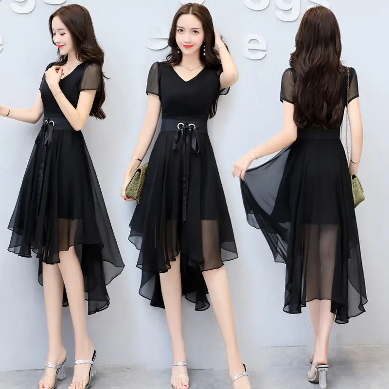 Women Chiffon Slim Fit Dress White Black Belt Mid Length - Image 6