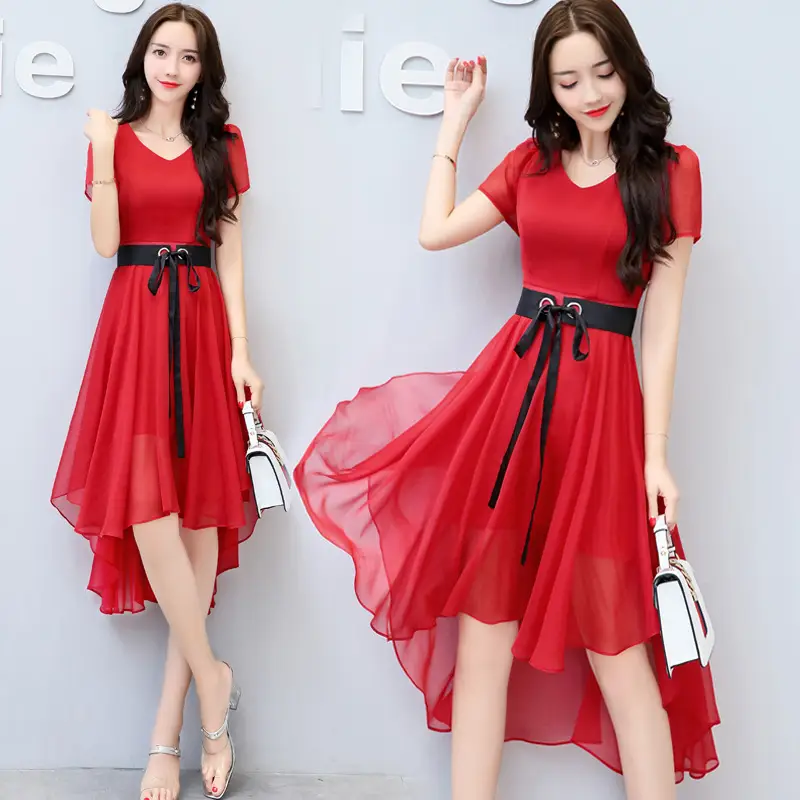 Women Chiffon Slim Fit Dress White Black Belt Mid Length - Image 7