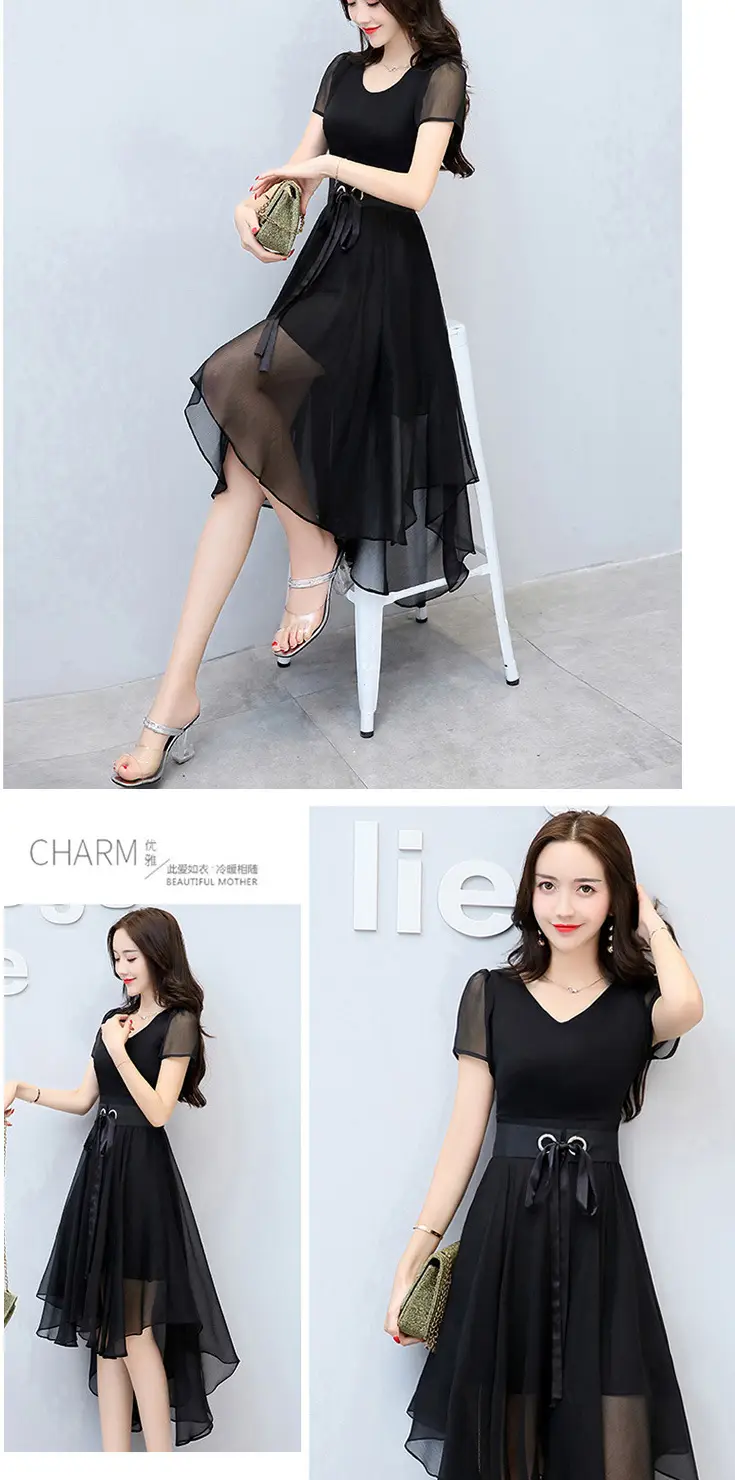 Women Chiffon Slim Fit Dress White Black Belt Mid Length — feature 2