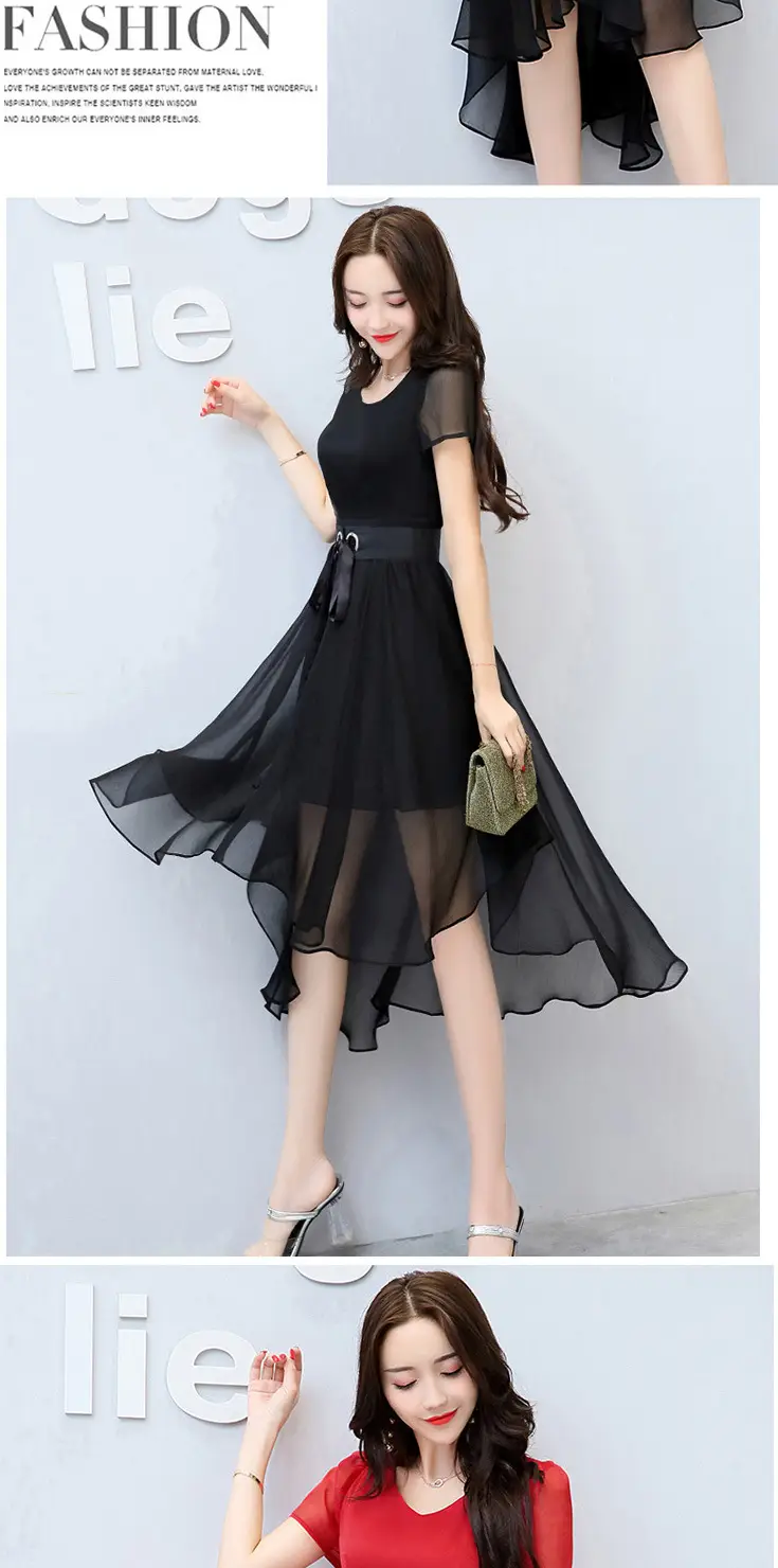 Women Chiffon Slim Fit Dress White Black Belt Mid Length — feature 3