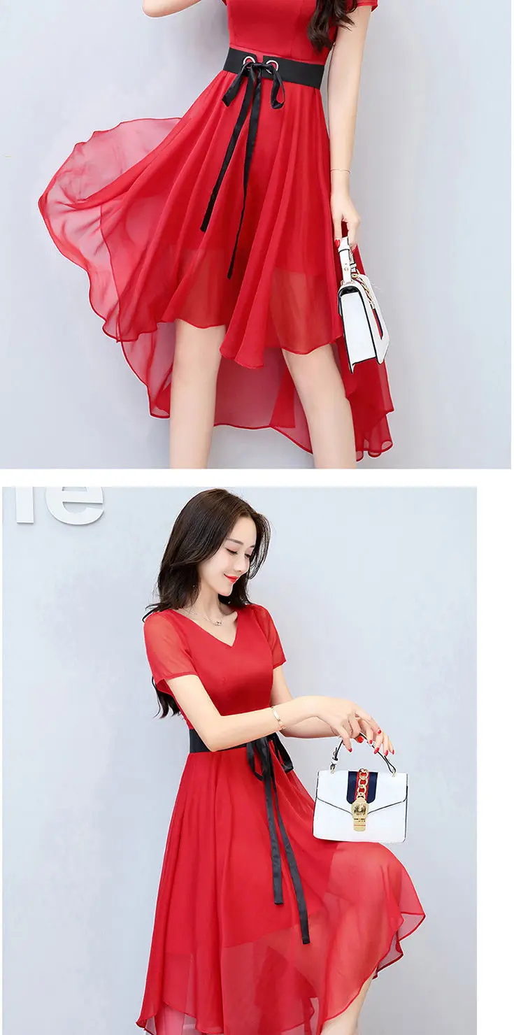 Women Chiffon Slim Fit Dress White Black Belt Mid Length — feature 4