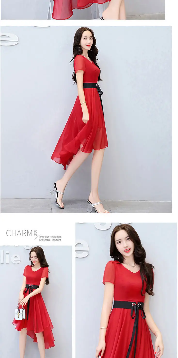 Women Chiffon Slim Fit Dress White Black Belt Mid Length — feature 5
