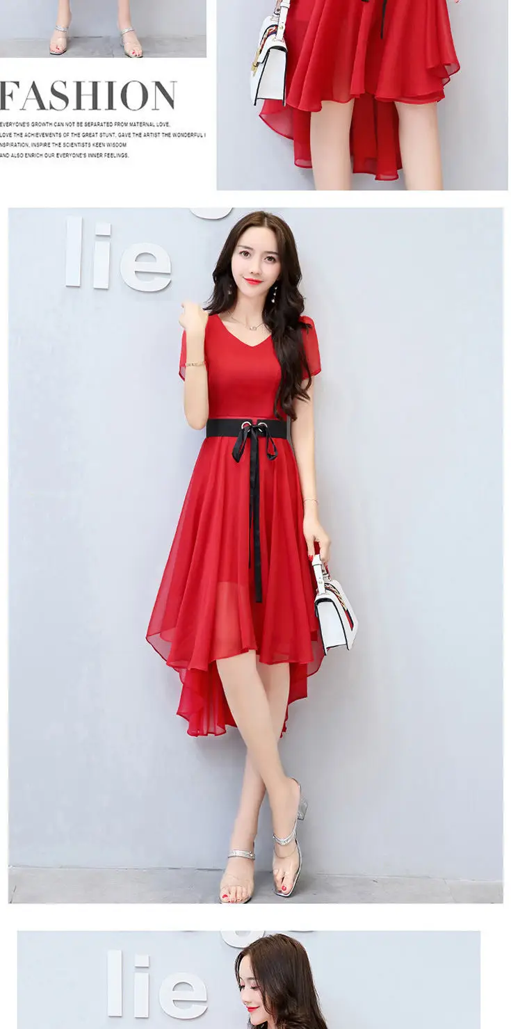 Women Chiffon Slim Fit Dress White Black Belt Mid Length — feature 6