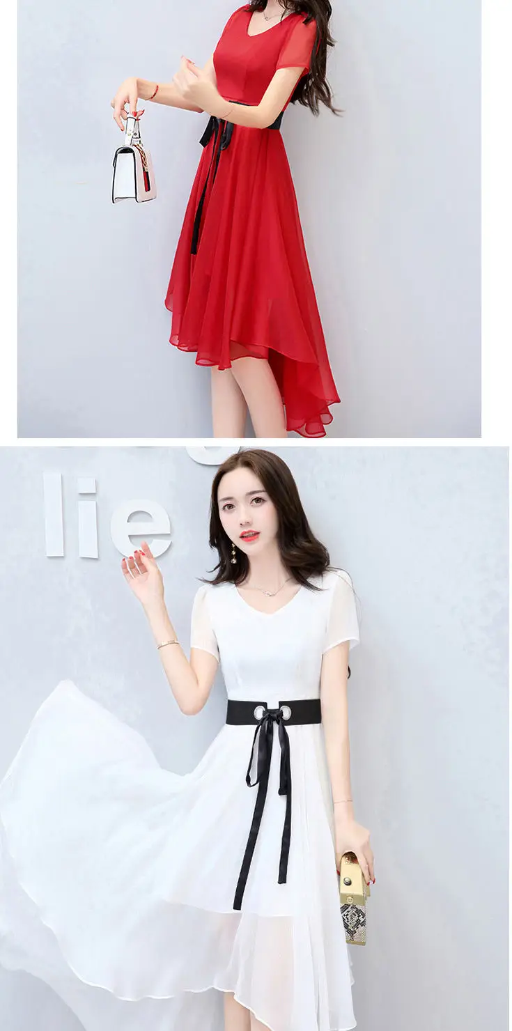 Women Chiffon Slim Fit Dress White Black Belt Mid Length — feature 7