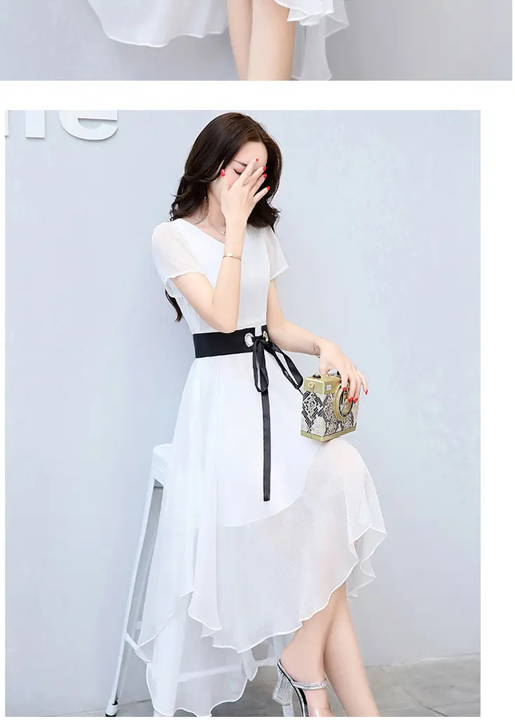 Women Chiffon Slim Fit Dress White Black Belt Mid Length — feature 8
