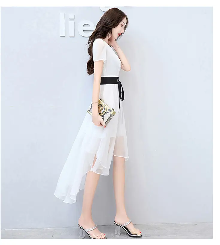 Women Chiffon Slim Fit Dress White Black Belt Mid Length — feature 9