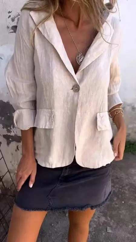 Women Button Collar Cotton Linen Suit Large 2025 - Image 3