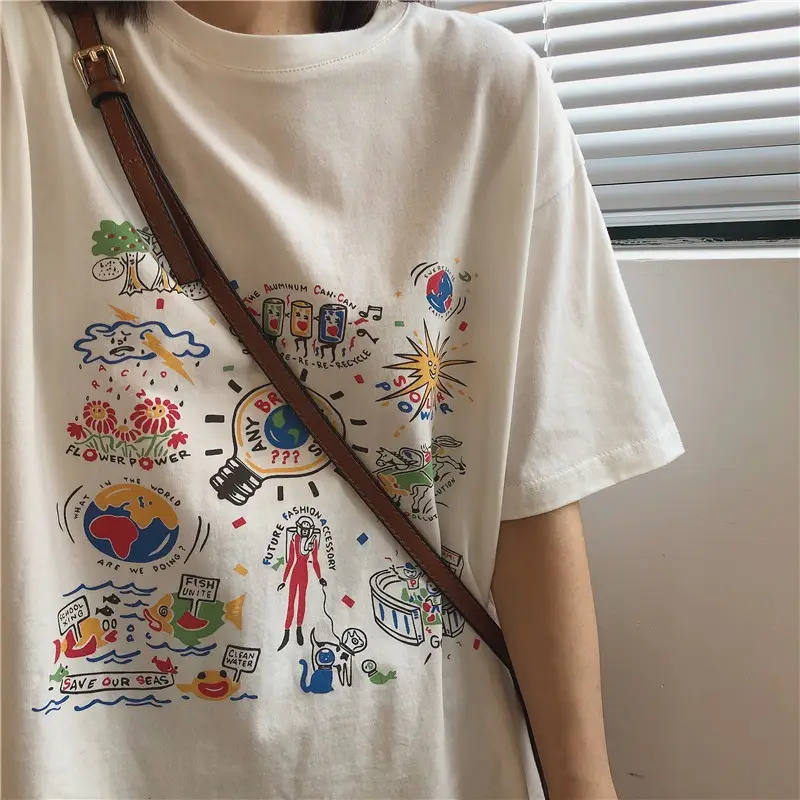 Women White Printed T-Shirt 2025 Summer Loose Fit - Image 5