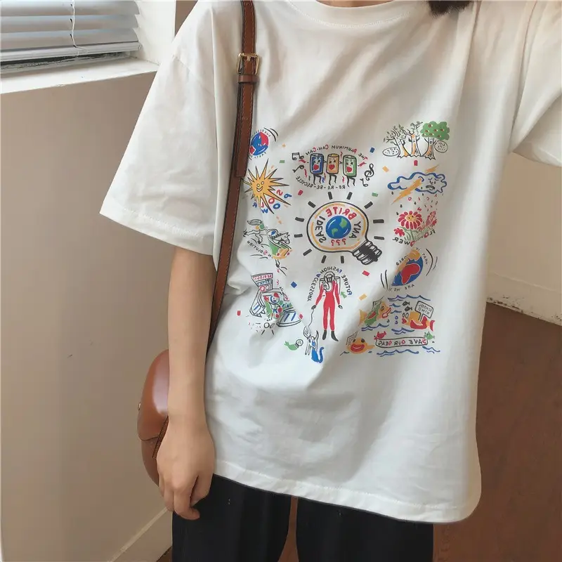 Women White Printed T-Shirt 2025 Summer Loose Fit - Image 6