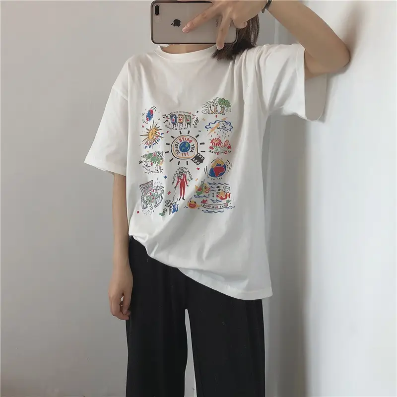 Women White Printed T-Shirt 2025 Summer Loose Fit - Image 7