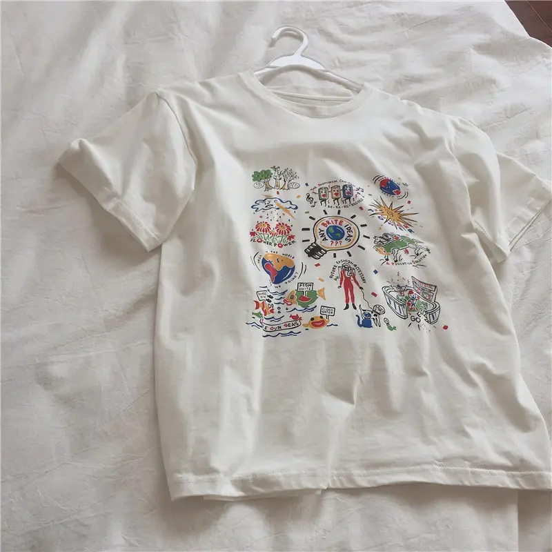 Women White Printed T-Shirt 2025 Summer Loose Fit - Image 8