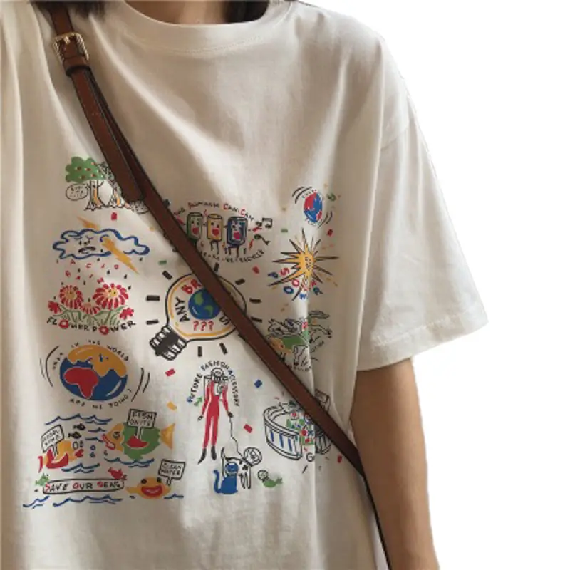 Women White Printed T-Shirt 2025 Summer Loose Fit - Image 9