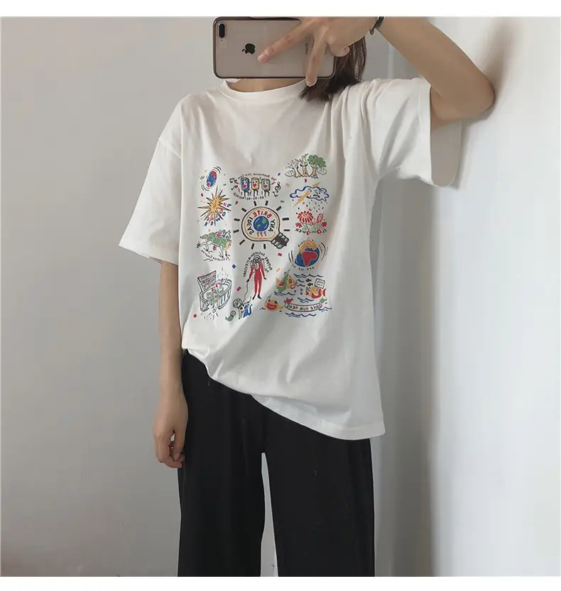 Women White Printed T-Shirt 2025 Summer Loose Fit β feature 4