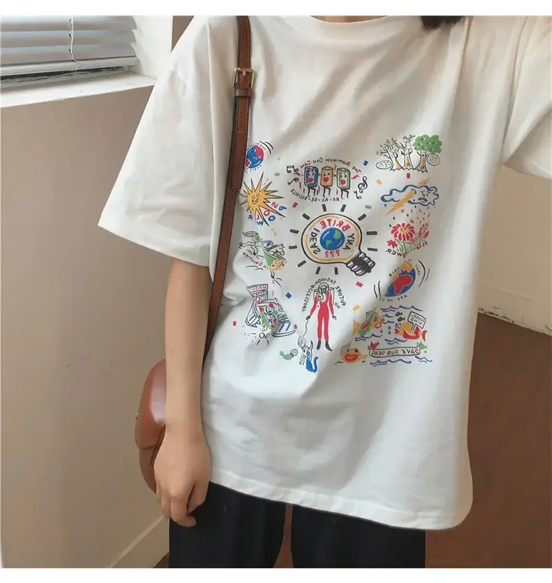 Women White Printed T-Shirt 2025 Summer Loose Fit - Image 3