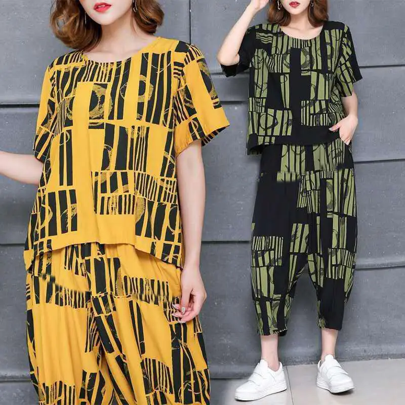 Korean Printed Loose T-Shirt Pants Set Yellow Black Plus Size - Image 4