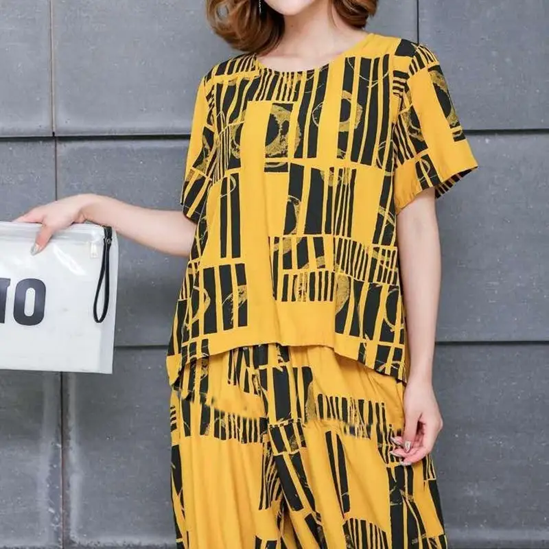 Korean Printed Loose T-Shirt Pants Set Yellow Black Plus Size - Image 6