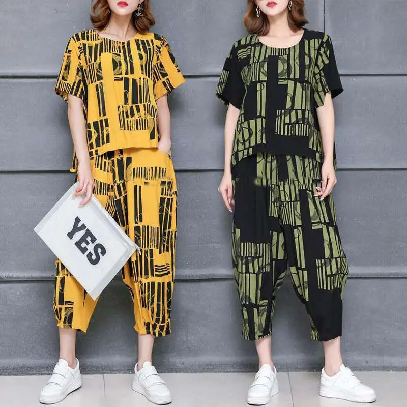 Korean Printed Loose T-Shirt Pants Set Yellow Black Plus Size - Image 7