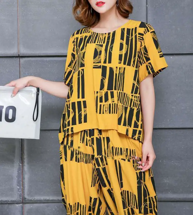 Korean Printed Loose T-Shirt Pants Set Yellow Black Plus Size — feature 11