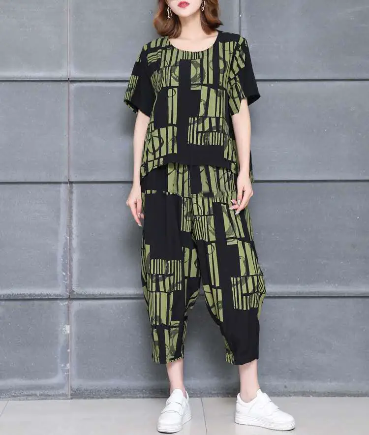 Korean Printed Loose T-Shirt Pants Set Yellow Black Plus Size — feature 4