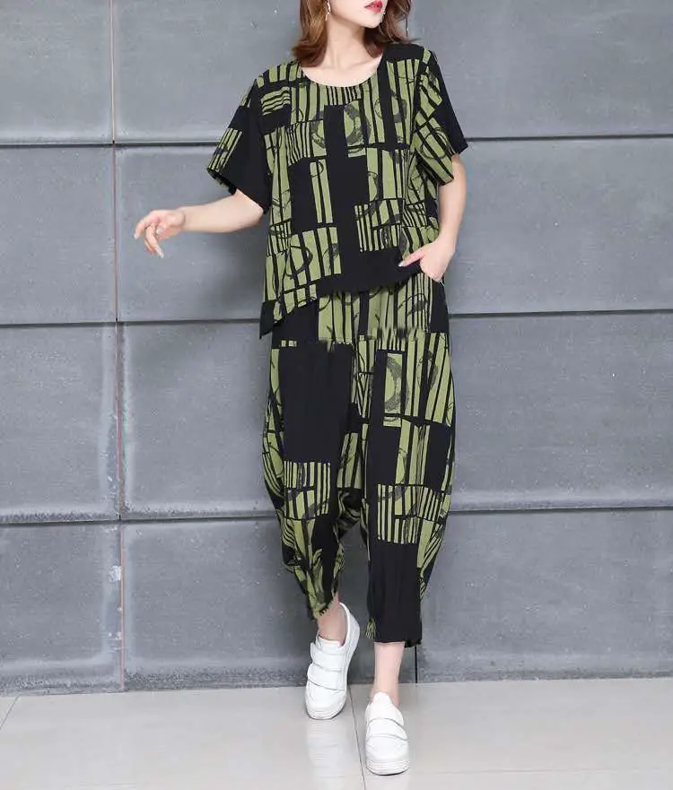 Korean Printed Loose T-Shirt Pants Set Yellow Black Plus Size — feature 5
