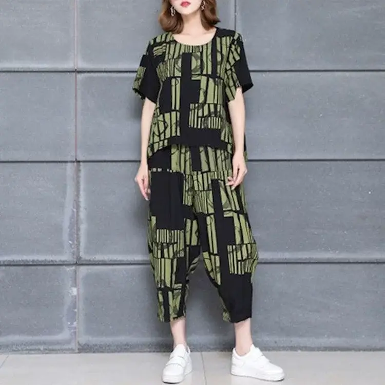 Korean Printed Loose T-Shirt Pants Set Yellow Black Plus Size — feature 7