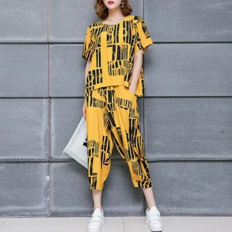 Korean Printed Loose T-Shirt Pants Set Yellow Black Plus Size — feature 9