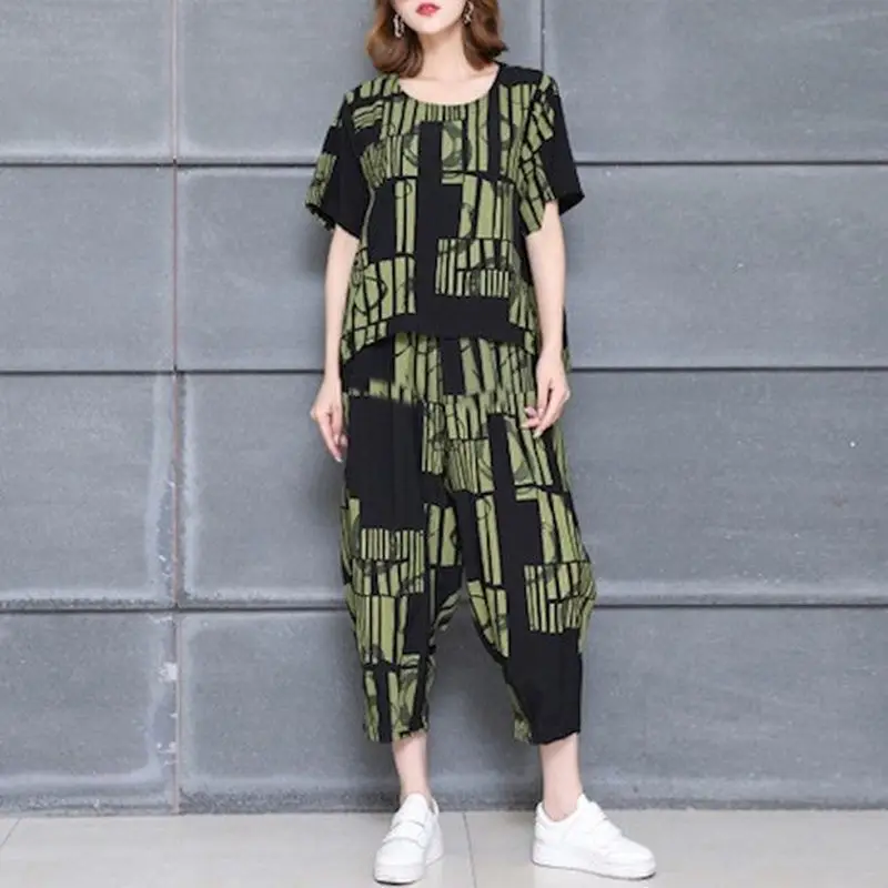 Korean Printed Loose T-Shirt Pants Set Yellow Black Plus Size - Image 2