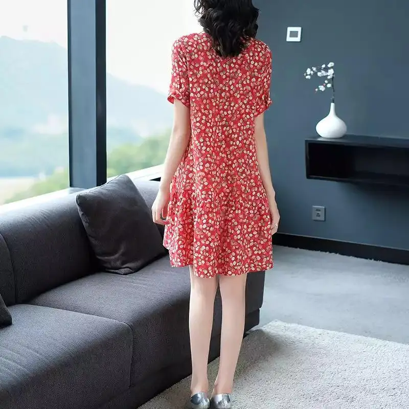 Kuo Wife Floral Dress Women 2024 Summer Slimming Mom A Line Skirt - Image 13