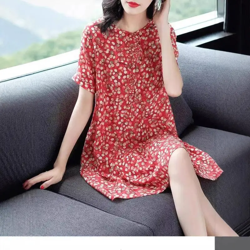 Kuo Wife Floral Dress Women 2024 Summer Slimming Mom A Line Skirt - Image 15