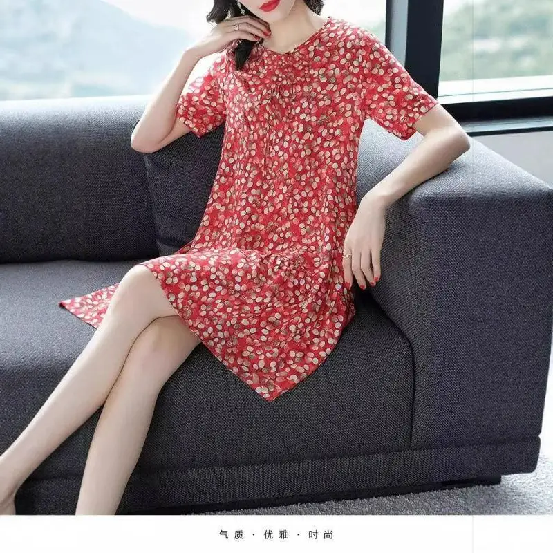 Kuo Wife Floral Dress Women 2024 Summer Slimming Mom A Line Skirt - Image 16