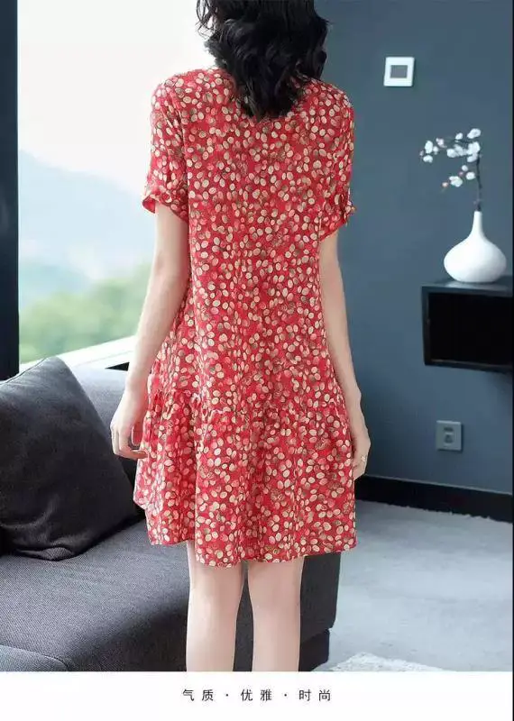 Kuo Wife Floral Dress Women 2024 Summer Slimming Mom A Line Skirt — feature 4