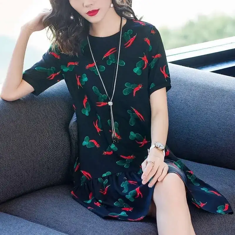 Kuo Wife Floral Dress Women 2024 Summer Slimming Mom A Line Skirt - Image 12