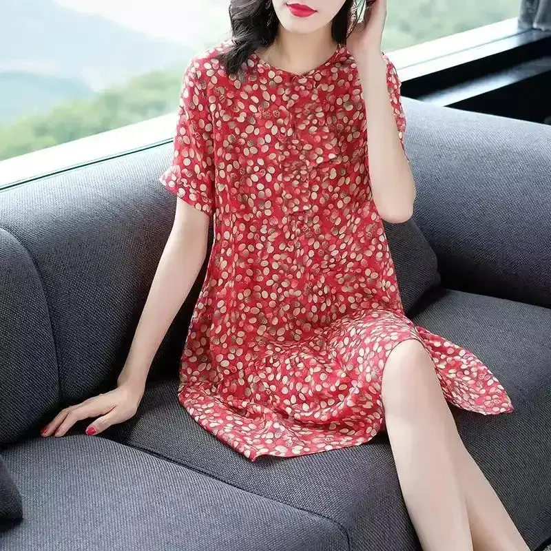 Kuo Wife Floral Dress Women 2024 Summer Slimming Mom A Line Skirt - Image 4