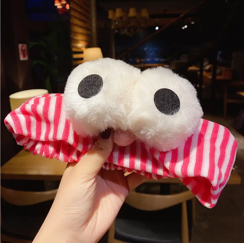 Plush Bow Hair Band for Girls White Blue Pom Pom