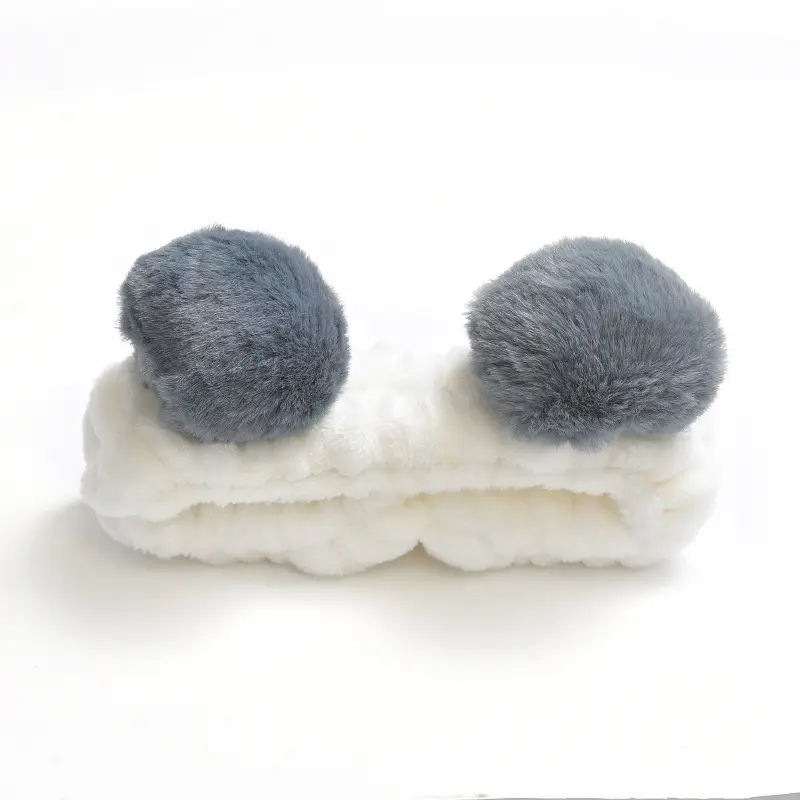 Plush Bow Hair Band for Girls White Blue Pom Pom