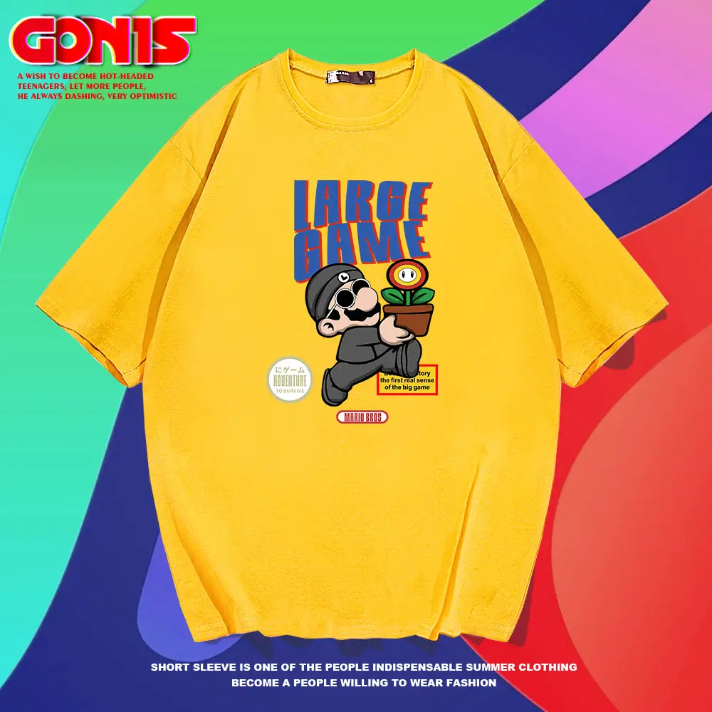Men Women Anime Mario Running Print T-Shirt Yellow - Image 9