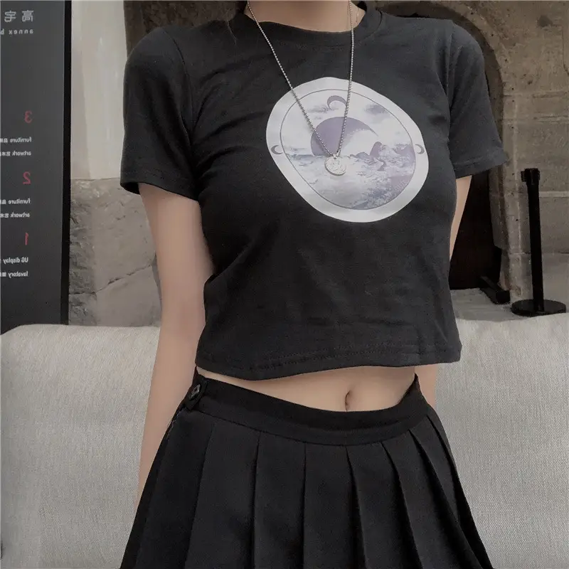 Women Korean Style Black Crop T-Shirt with Mountain Print - Image 3