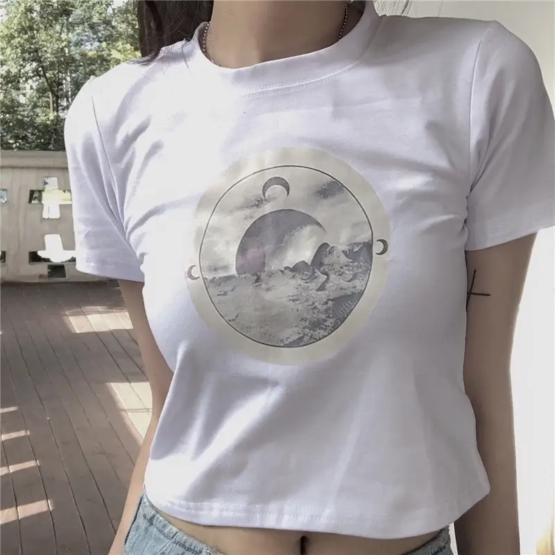 Women Korean Style Black Crop T-Shirt with Mountain Print - Image 6