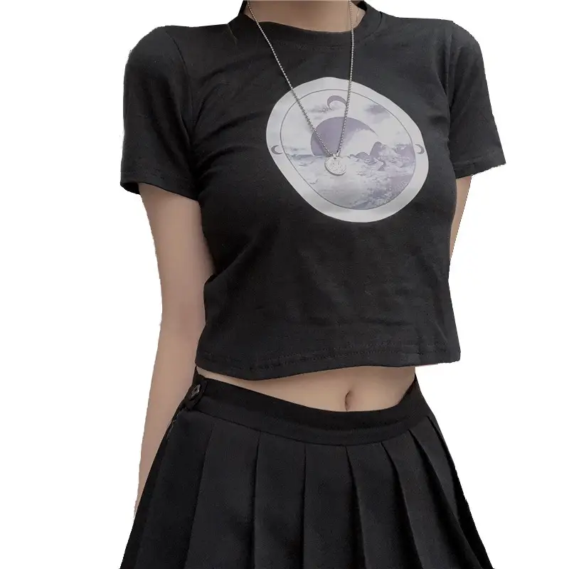 Women Korean Style Black Crop T-Shirt with Mountain Print - Image 7