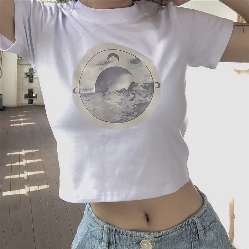 Women Korean Style Black Crop T-Shirt with Mountain Print - Image 2