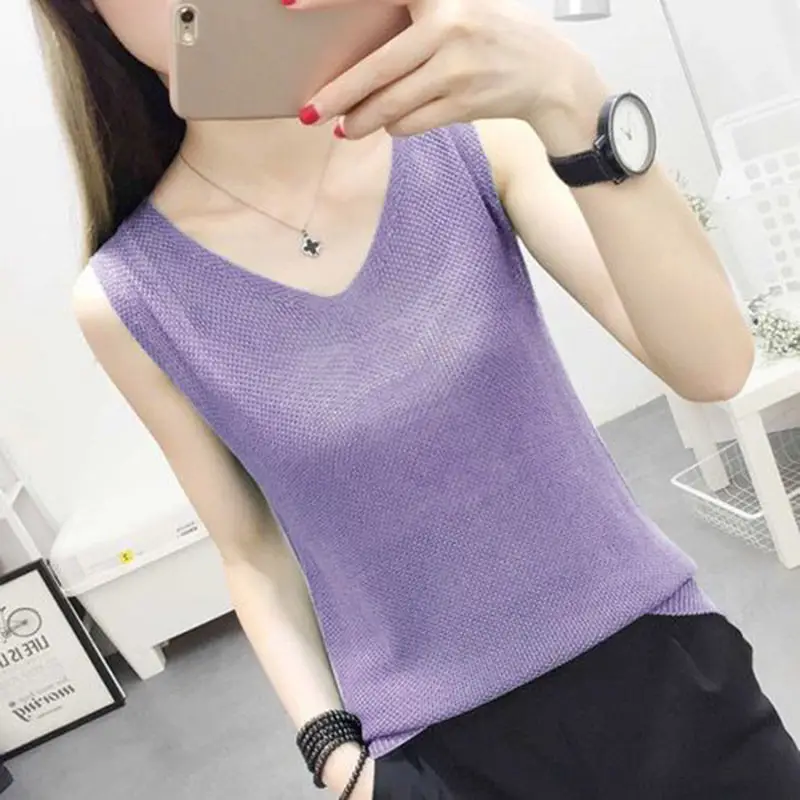 Summer V-Neck Knitted Vest Solid Color Slimming - Image 16