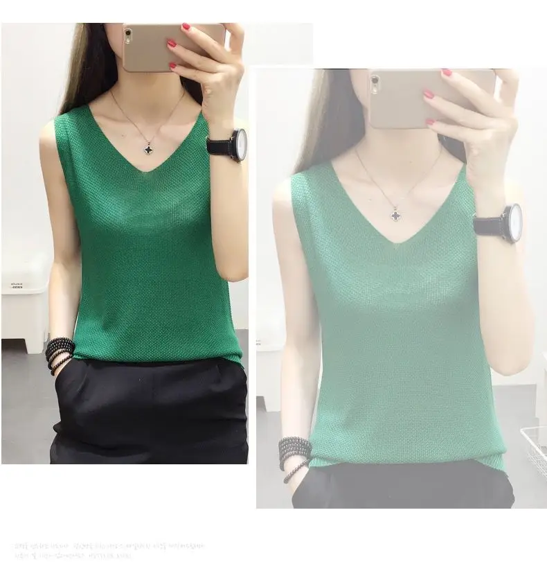 Summer V-Neck Knitted Vest Solid Color Slimming — feature 10