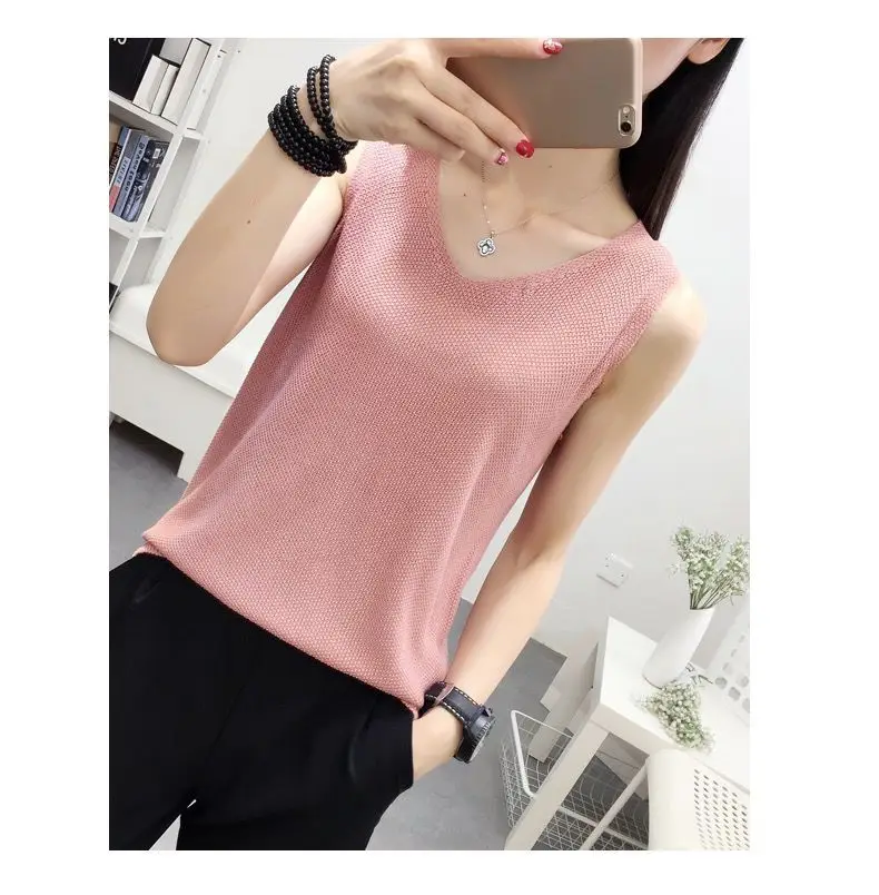 Summer V-Neck Knitted Vest Solid Color Slimming — feature 6