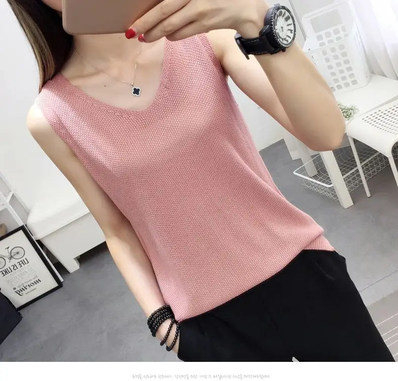Summer V-Neck Knitted Vest Solid Color Slimming — feature 7