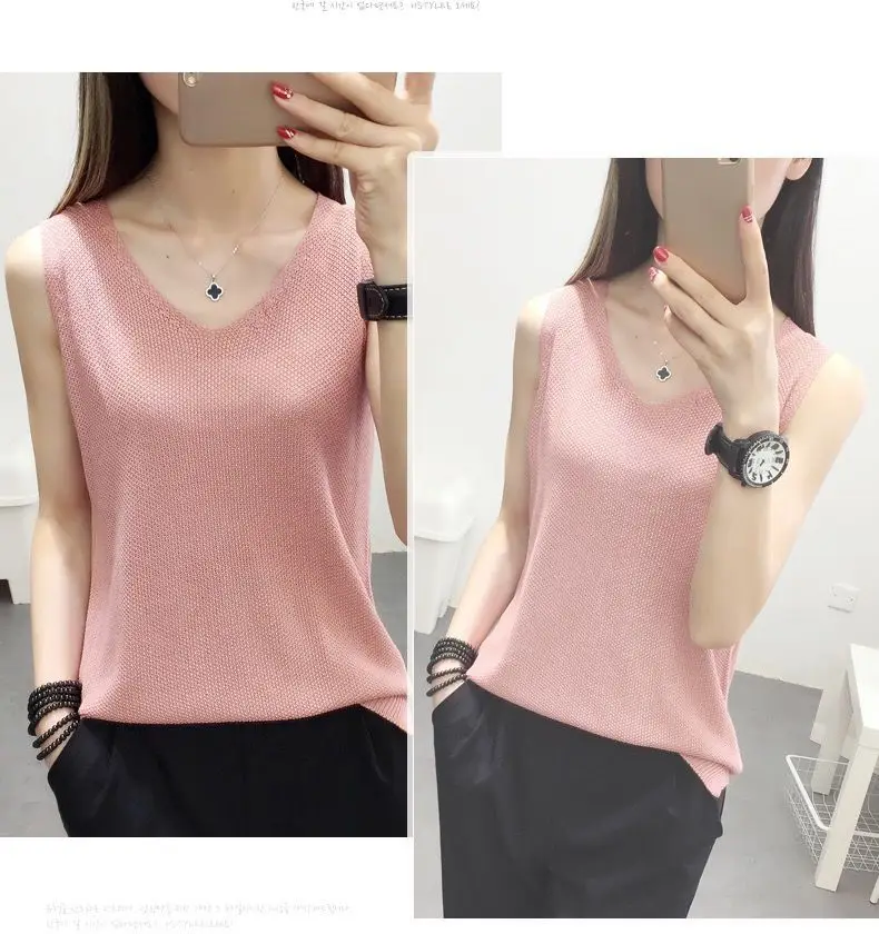 Summer V-Neck Knitted Vest Solid Color Slimming — feature 8