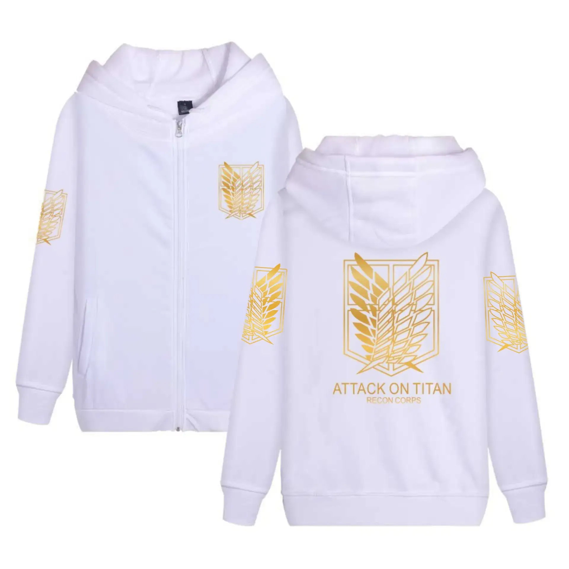 White Full Zip Hoodie with Gold Wing Design