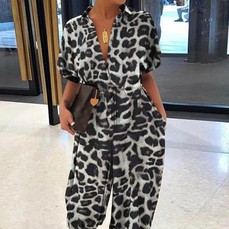 2023 Leopard Print Jumpsuit Women's Button Casual Pants Large - Image 8