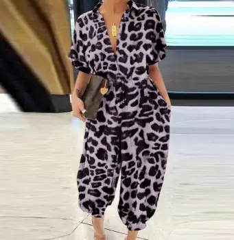 2023 Leopard Print Jumpsuit Women's Button Casual Pants Large - Image 5