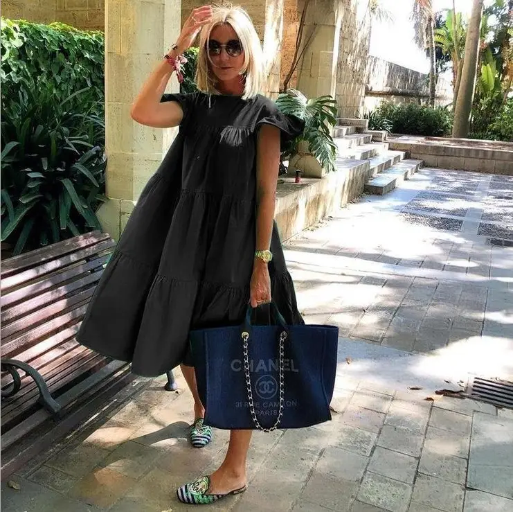Black A-Shape Women's Dress with Tote Bag - Image 10
